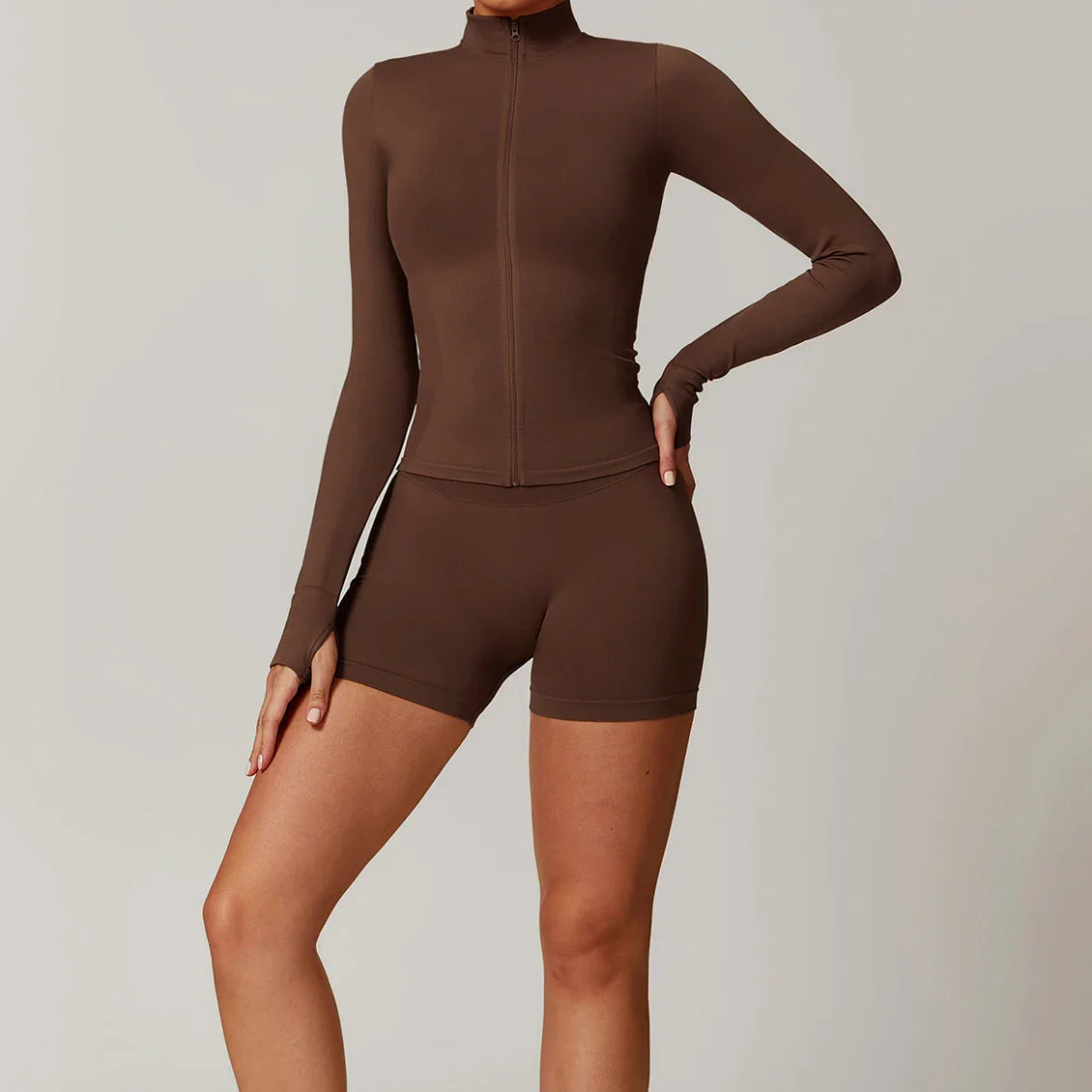 Stand up zipper yoga set windproof slim fit warm top+shorts sports running set eprolo